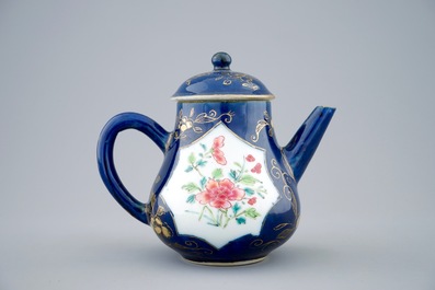 A Chinese famille rose powder blue ground teapot and cover, Yongzheng, 1723-1735