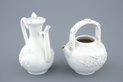 A Chinese blanc de Chine relief-moulded covered jug and a teapot, 18th C.