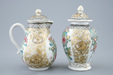 A Chinese grisaille and gilt tea caddy and a covered jug, Yongzheng, 1723-1735