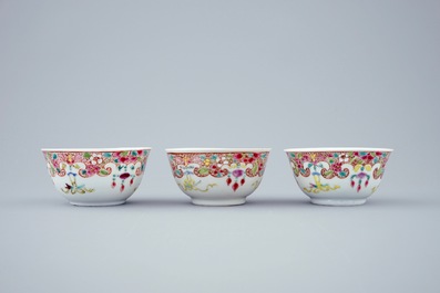 A set of 3 Chinese famille rose cups and saucers, Qianlong, 18th C.