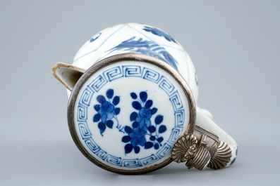 A Chinese blue and white silver-mounted jug and cover, Kangxi