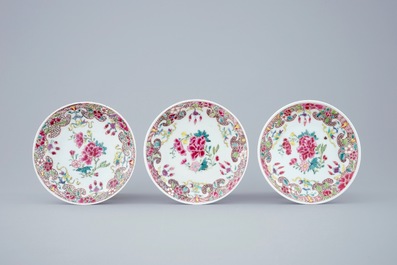 A set of 3 Chinese famille rose cups and saucers, Qianlong, 18th C.