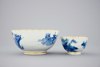 A Chinese blue, white and gilt part tea service with landscapes, Qianlong, 18th C.