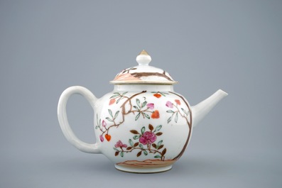 A Chinese famille rose teapot and cover with blossoms and trees, Qianlong, 18th C.