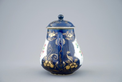 A Chinese famille rose powder blue ground teapot and cover, Yongzheng, 1723-1735