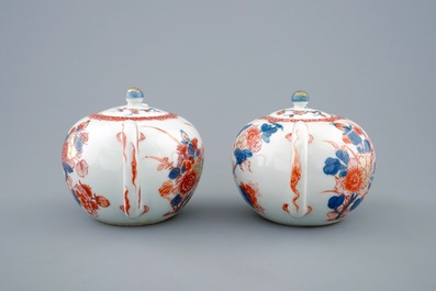A pair of Chinese gilt Imari-style teapots and covers, Kangxi