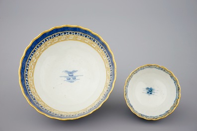 A Chinese blue, white and gilt part tea service with landscapes, Qianlong, 18th C.