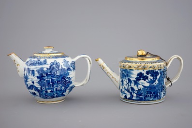 A Chinese blue, white and gilt part tea service with landscapes, Qianlong, 18th C.