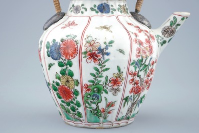 A Chinese famille verte teapot and cover with replacement handle, Kangxi