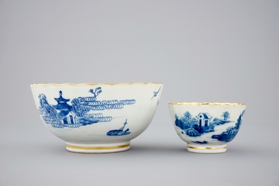 A Chinese blue, white and gilt part tea service with landscapes, Qianlong, 18th C.