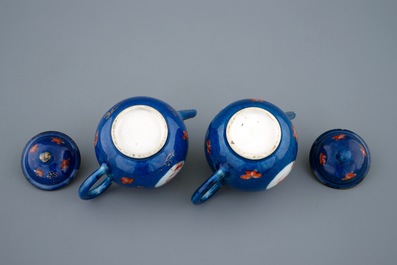 A pair of small Chinese powder blue teapots with roosters, Kangxi