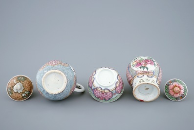 A Chinese famille rose tea caddy, a covered jug and a cup, Yongzheng, 1723-1735