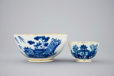 A Chinese blue, white and gilt part tea service with landscapes, Qianlong, 18th C.