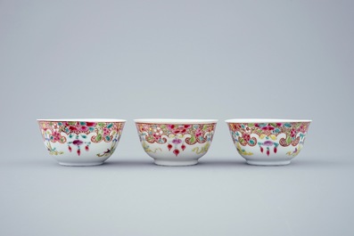 A set of 3 Chinese famille rose cups and saucers, Qianlong, 18th C.