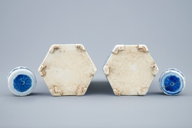 A pair of Chinese blue and white hexagonal tea caddies and covers, Kangxi