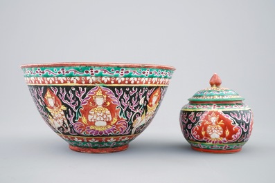 Un bol et un pot couvert en porcelaine de Chine de type Bencharong pour le march&eacute; thai, 19&egrave;me