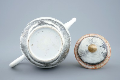 A Chinese grisaille and gilt mythological teapot and cover with Minerva, Qianlong, 18th C.