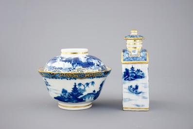 A Chinese blue, white and gilt part tea service with landscapes, Qianlong, 18th C.