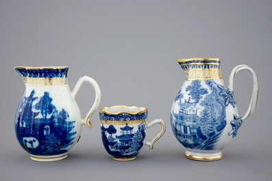A Chinese blue, white and gilt part tea service with landscapes, Qianlong, 18th C.