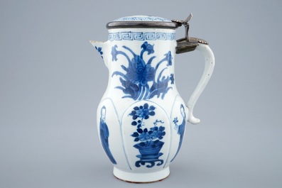 A Chinese blue and white silver-mounted jug and cover, Kangxi