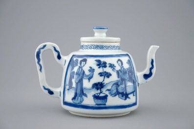 A Chinese blue and white teapot and cover with long Elizas, Kangxi