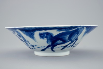 A Chinese blue and white conical bowl: "Horses of Mu Wang", Kangxi