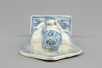 A Chinese blue and white figure of Guanyin on a base, the back inscribed, probably Wanli, Ming Dynasty