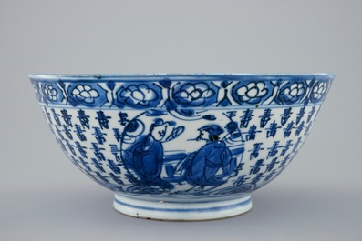 A blue and white Chinese bowl with Shou Lao on a crane, Transitional period, 1620-1683