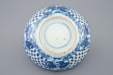 A blue and white Chinese bowl with Shou Lao on a crane, Transitional period, 1620-1683