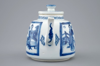 A Chinese blue and white teapot and cover with long Elizas, Kangxi