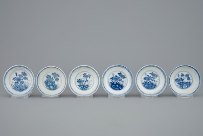 Een set van zes Chinese blauw-witte kop en schotels, Kangxi