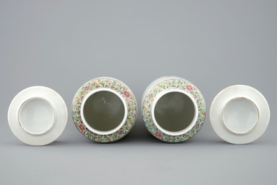 A pair of fine Chinese famille rose vases and covers with quails, Republic, 20th C.