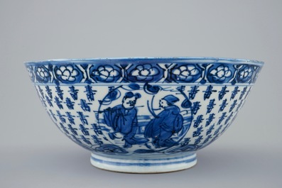 A blue and white Chinese bowl with Shou Lao on a crane, Transitional period, 1620-1683