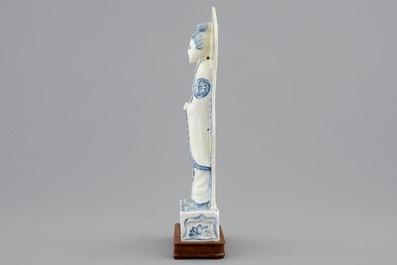 A Chinese blue and white figure of Guanyin on a base, the back inscribed, probably Wanli, Ming Dynasty
