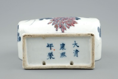 A Chinese blue and underglaze red fanghu shape wall vase, 19th C.