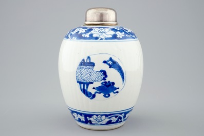 A Chinese blue and white tea caddy with silver cover, Kangxi