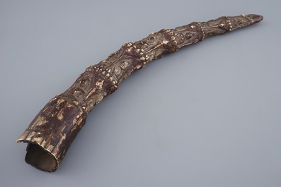 A carved and lacquered ivory tusk with Buddhas, Burma, 17/18th C.