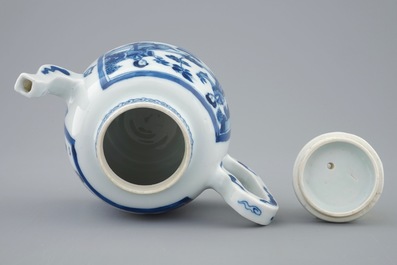 A Chinese blue and white teapot and cover with long Elizas, Kangxi