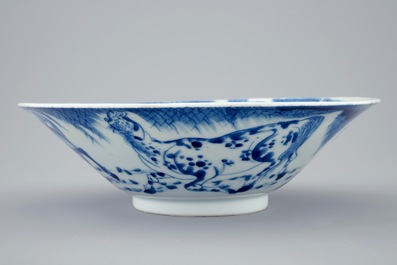 A Chinese blue and white conical bowl: "Horses of Mu Wang", Kangxi