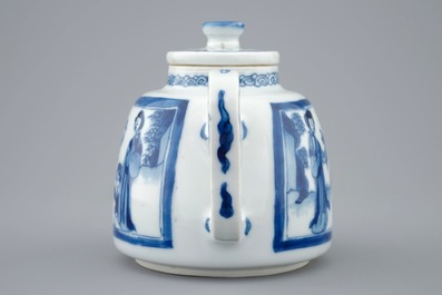 A Chinese blue and white teapot and cover with long Elizas, Kangxi
