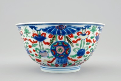 A Chinese wucai bowl with buddhist emblems, Shunzhi, 1643-1661
