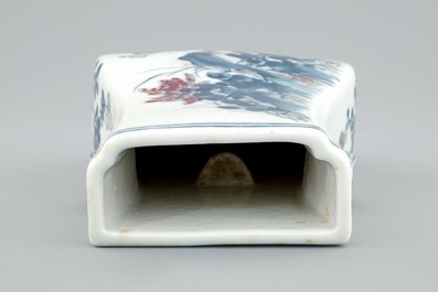 A Chinese blue and underglaze red fanghu shape wall vase, 19th C.