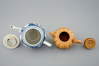 A Chinese famille rose teapot, 18th C. and a Yixing teapot, 19/20th C.