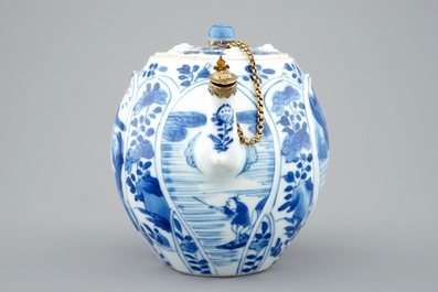 A fine blue and white Chinese teapot and cover with gilt silver mount, Kangxi