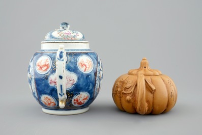 A Chinese famille rose teapot, 18th C. and a Yixing teapot, 19/20th C.