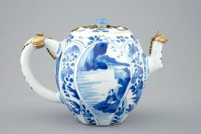 A fine blue and white Chinese teapot and cover with gilt silver mount, Kangxi