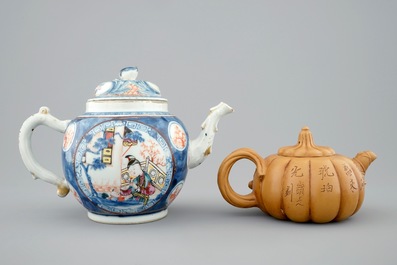 A Chinese famille rose teapot, 18th C. and a Yixing teapot, 19/20th C.