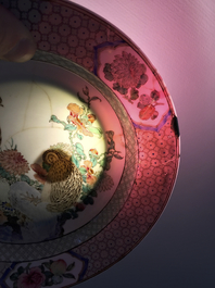 A Chinese famille rose eggshell ruby back "Quails" plate, Yongzheng, 1723-1735
