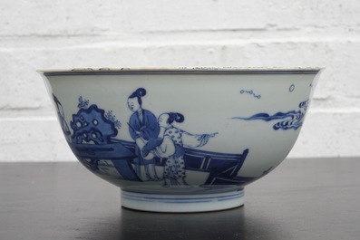 A Chinese blue and white bowl with a rabbit, Kangxi