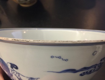 A Chinese blue and white bowl with a rabbit, Kangxi